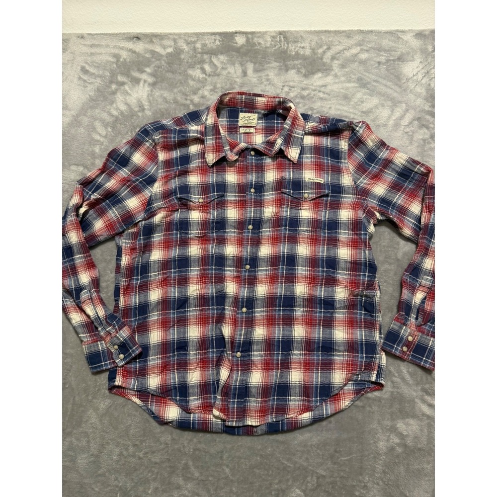 Lucky Brand Western Shirt Mens XL Red Blue Plaid Pearl Snap Flannel Long Sleeve